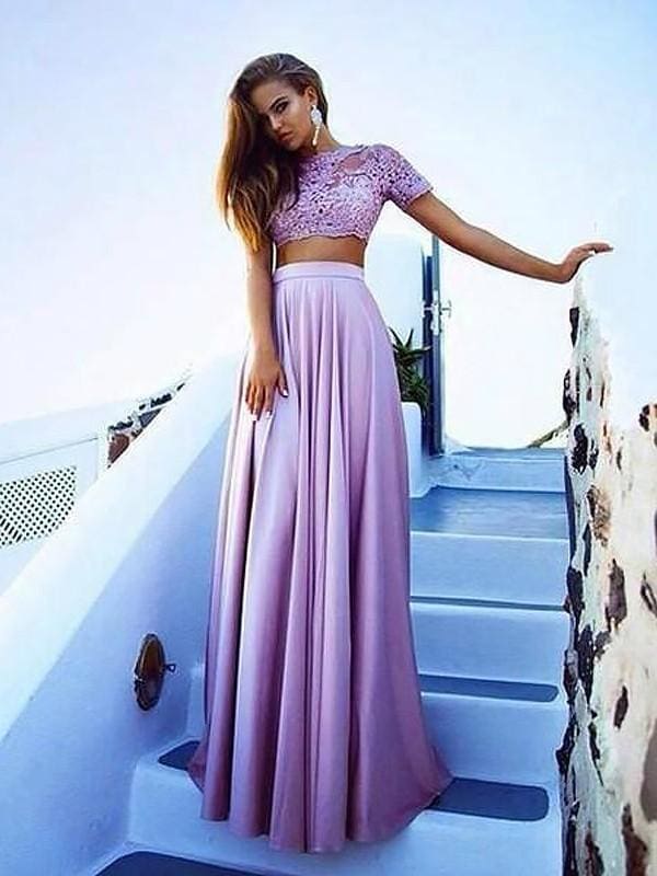 Bateau Short Sleeves Satin Floor-Length With Lace Two Piece Dresses