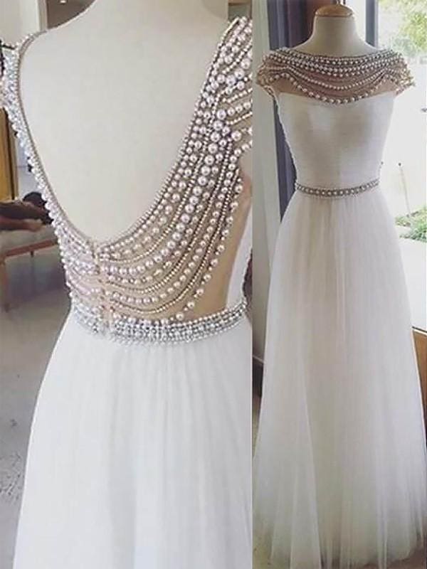 Bateau Sleeveless A-line Tulle Evening Dresses Long With Beading