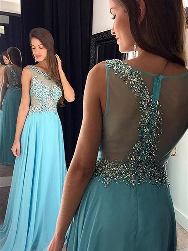 Bateau Sleeveless Floor-Length A-line With Beading Chiffon Dresses