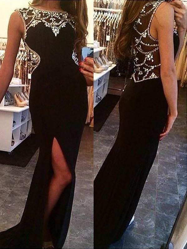 Bateau Sleeveless Sweep/Brush Train With Beading Spandex Dresses