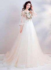 Champagne Lace Long Prom Dresses, A-Line Long Sleeve Evening Dresses