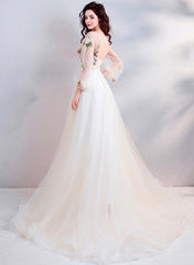 Champagne Lace Long Prom Dresses, A-Line Long Sleeve Evening Dresses