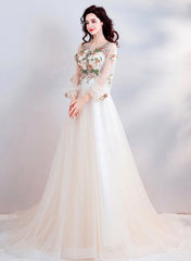 Champagne Lace Long Prom Dresses, A-Line Long Sleeve Evening Dresses