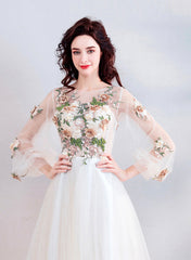 Champagne Lace Long Prom Dresses, A-Line Long Sleeve Evening Dresses
