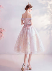 Pink Lace Short Prom Dresses, Off the Shoulder Evening Dresses