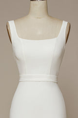 White Mermaid Square Neck Sweep Train Satin Wedding Dress Long