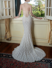 Elegant Lace Mermaid Evening Gown Halter-neck Party Dress Lace-up Long Formal Dress HZ1024