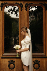Zola | Bodycon Square Neck Satin Short Wedding Dresses with Lantern Sleeves