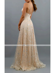A-Line Prom Dresses Sparkle & Shine Dress Wedding Guest Engagement Sweep / Brush Train Sleeveless V Neck Satin with Pleats Sequin Slit