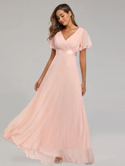 A-Line Prom Dresses Red Green Dress Fall Wedding Guest Dress For Bridesmaid Floor Length Short Sleeve V Neck Chiffon V Back with Ruched Ruffles