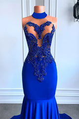 Royal Blue High Neck Mouwloze zeemeermin prom -jurk met kralen
