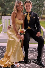 Strapless Scoop Pleats High Slit Mermaid Sleeveless Long Prom Dress
