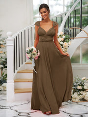 A-Line/Princess Jersey Ruched V-neck Sleeveless Floor-Length Bridesmaid Dresses