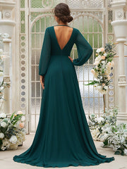 A-Line/Princess Chiffon Ruffles V-neck Long Sleeves Sweep/Brush Train Bridesmaid Dresses A-Line/Princess Chiffon Ruffles V-neck Long Sleeves Sweep/Brush Train Bridesmaid Dresses