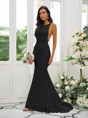Sheath/Column Stretch Crepe Ruffles Square Sleeveless Sweep/Brush Train Bridesmaid Dresses
