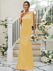 Sheath/Column Silk like Satin Bowknot One-Shoulder Sleeveless Floor-Length Bridesmaid Dresses