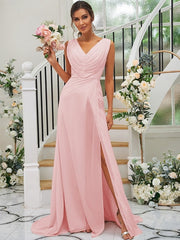A-Line/Princess Chiffon Ruched V-neck Sleeveless Sweep/Brush Train Bridesmaid Dresses
