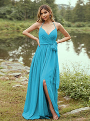 A-Line/Princess Chiffon Ruffles V-neck Sleeveless Sweep/Brush Train Bridesmaid Dresses