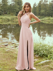 A-Line/Princess Chiffon Ruched Halter Sleeveless Sweep/Brush Train Bridesmaid Dresses