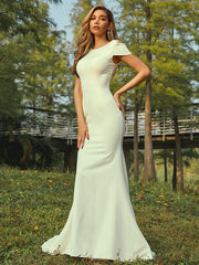 Sheath/Column Stretch Crepe Ruched Scoop Short Sleeves Sweep/Brush Train Bridesmaid Dresses