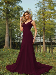 Sheath/Column Stretch Crepe Ruffles V-neck Sleeveless Sweep/Brush Train Bridesmaid Dresses