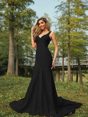 Sheath/Column Stretch Crepe Ruffles V-neck Sleeveless Sweep/Brush Train Bridesmaid Dresses