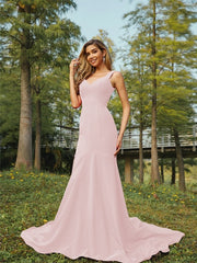 Sheath/Column Stretch Crepe Ruffles V-neck Sleeveless Sweep/Brush Train Bridesmaid Dresses