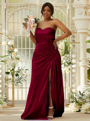Sheath/Column Silk like Satin Ruched Sweetheart Sleeveless Sweep/Brush Train Bridesmaid Dresses