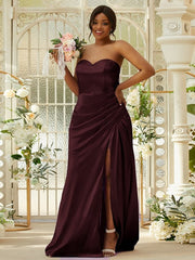 Sheath/Column Silk like Satin Ruched Sweetheart Sleeveless Sweep/Brush Train Bridesmaid Dresses