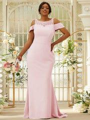 Sheath/Column Stretch Crepe Lace Scoop Sleeveless Sweep/Brush Train Bridesmaid Dresses