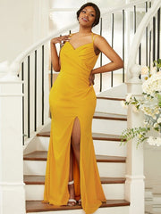 Sheath/Column Jersey Ruched Spaghetti Straps Sleeveless Sweep/Brush Train Bridesmaid Dresses