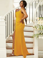 Sheath/Column Jersey Ruched Spaghetti Straps Sleeveless Sweep/Brush Train Bridesmaid Dresses
