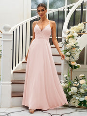 A-Line/Princess Chiffon Lace V-neck Sleeveless Floor-Length Bridesmaid Dresses