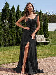 A-Line/Princess Chiffon Ruched V-neck Sleeveless Sweep/Brush Train Bridesmaid Dresses