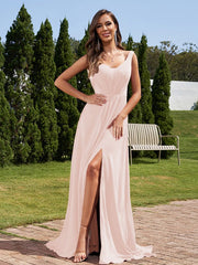 A-Line/Princess Chiffon Ruched V-neck Sleeveless Sweep/Brush Train Bridesmaid Dresses