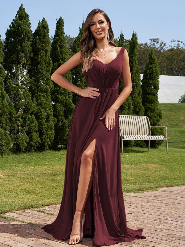 A-Line/Princess Chiffon Ruched V-neck Sleeveless Sweep/Brush Train Bridesmaid Dresses