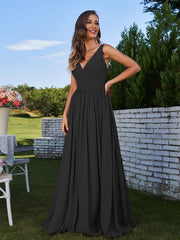 A-Line/Princess Chiffon Ruched V-neck Sleeveless Sweep/Brush Train Bridesmaid Dresses