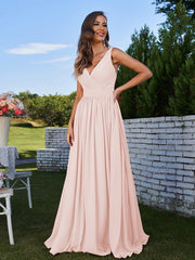 A-Line/Princess Chiffon Ruched V-neck Sleeveless Sweep/Brush Train Bridesmaid Dresses