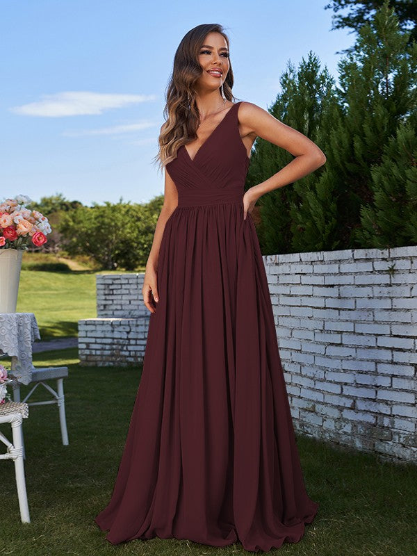 A-Line/Princess Chiffon Ruched V-neck Sleeveless Sweep/Brush Train Bridesmaid Dresses
