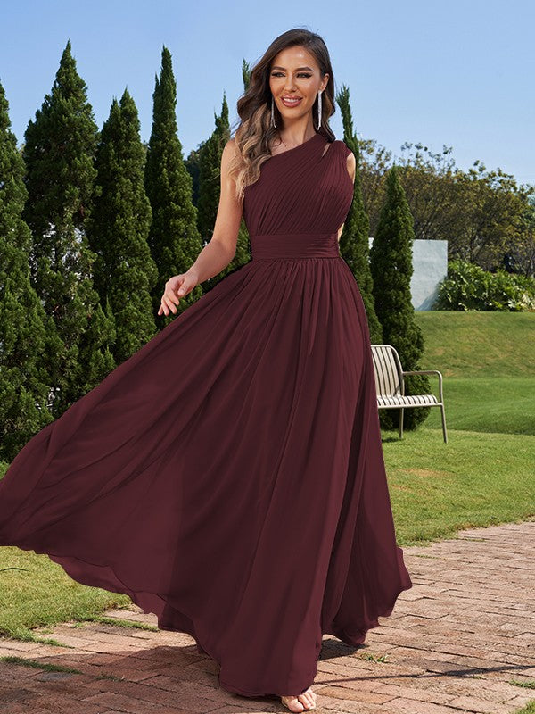 A-Line/Princess Chiffon Ruched One-Shoulder Sleeveless Floor-Length Bridesmaid Dresses