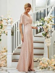A-Line/Princess Ruched V-neck Short Sleeves Floor-Length Bridesmaid Dresses