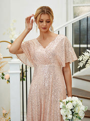A-Line/Princess Ruched V-neck Short Sleeves Floor-Length Bridesmaid Dresses
