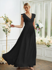 A-Line/Princess Chiffon Ruched V-neck Sleeveless Floor-Length Bridesmaid Dresses