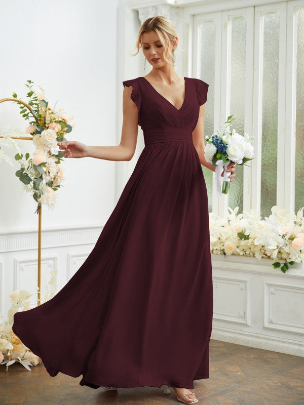 A-Line/Princess Chiffon Ruched V-neck Sleeveless Floor-Length Bridesmaid Dresses