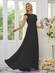 A-Line/Princess Chiffon Applique Scoop Short Sleeves Floor-Length Bridesmaid Dresses