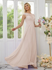 A-Line/Princess Chiffon Applique Scoop Short Sleeves Floor-Length Bridesmaid Dresses