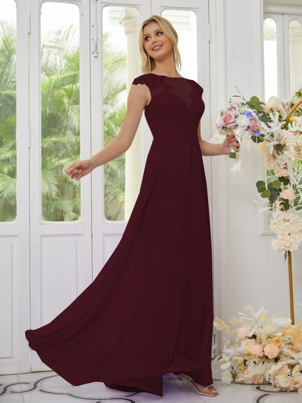 A-Line/Princess Chiffon Applique Scoop Short Sleeves Floor-Length Bridesmaid Dresses