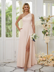 A-Line/Princess Chiffon Lace One-Shoulder Sleeveless Floor-Length Bridesmaid Dresses