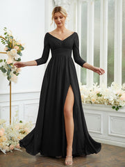 A-Line/Princess Chiffon Lace V-neck Long Sleeves Floor-Length Bridesmaid Dresses