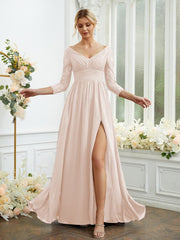 A-Line/Princess Chiffon Lace V-neck Long Sleeves Floor-Length Bridesmaid Dresses